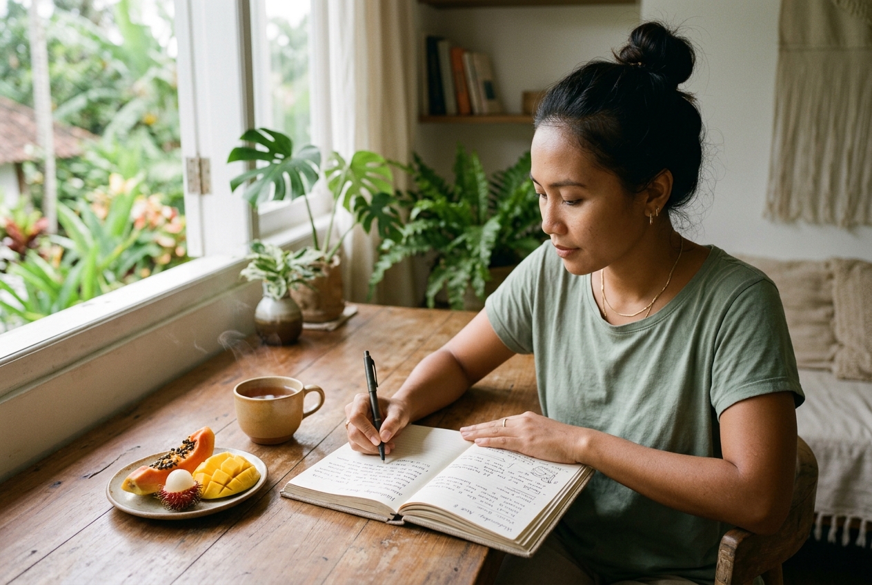 Seseorang sedang menulis jurnal makanan harian dengan tenang di meja kayu dekat jendela